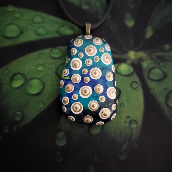 Hand Painted Dot Art Pendant. Ocean Blues Gold and White - Picture 7 of 8